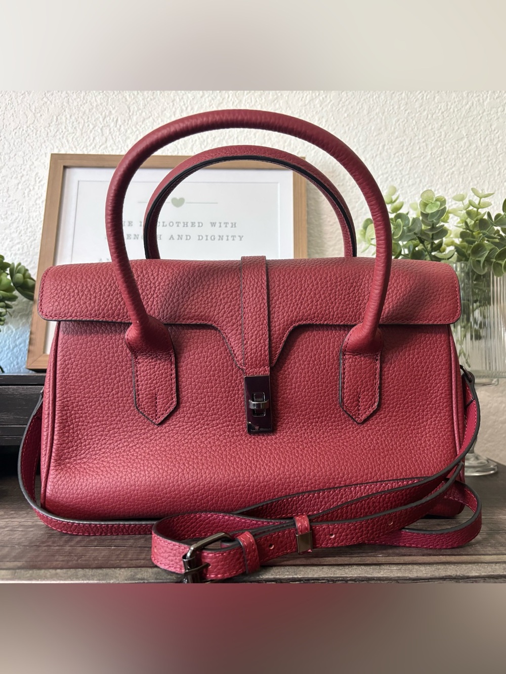 Structured Burgundy Pebbled Leather Satchel - Picture 5 of 9